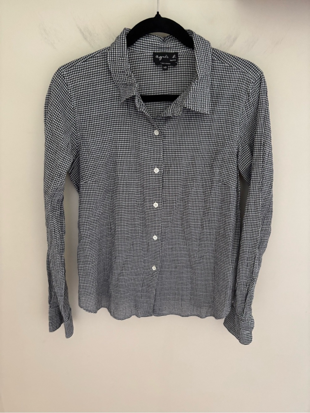 AGNES B. Black & White Tiny Check Gingham Button Down Crinkle Shirt size 8